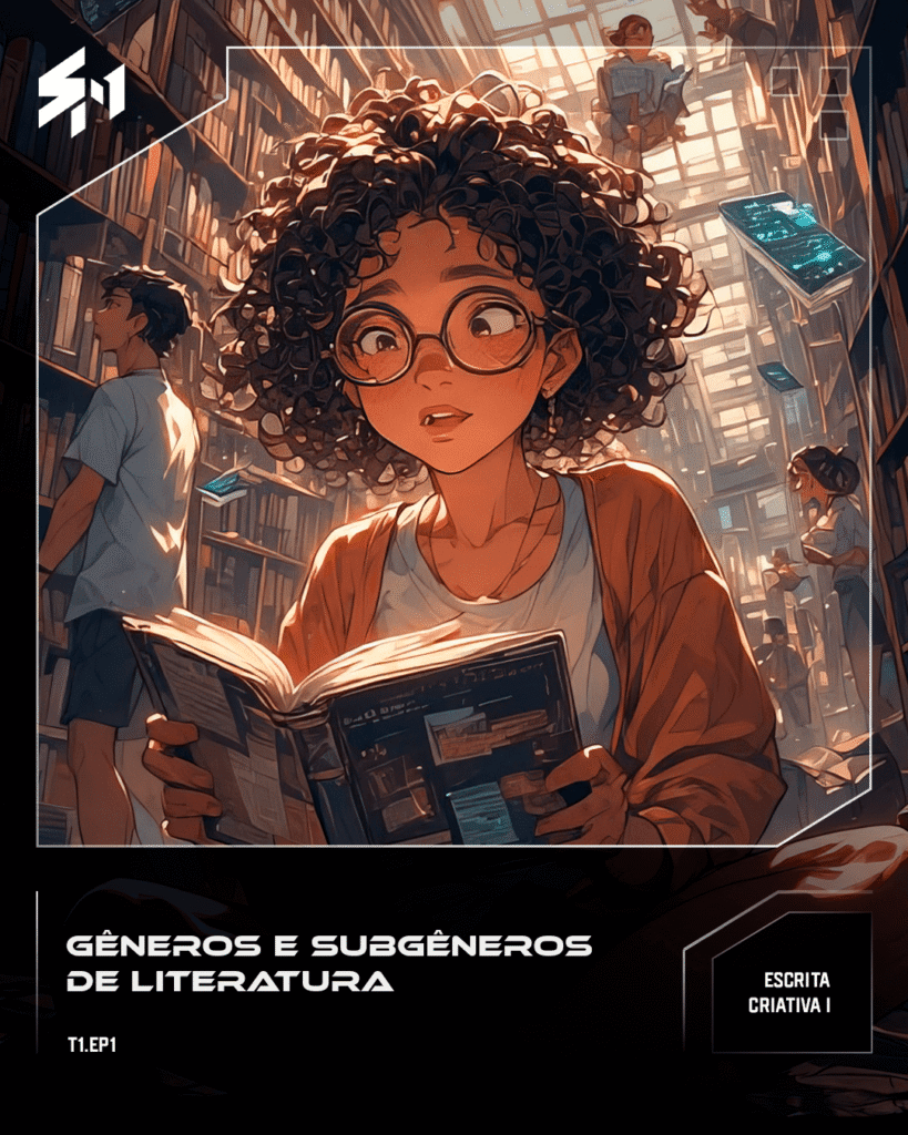 Personas en una biblioteca sosteniendo libros de diferentes géneros (romance, ficción, fantasía, etc.)