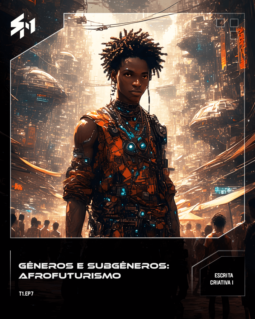 Una persona negra parada en una ciudad que expresa la cultura africana con una mezcla de ciencia ficción.